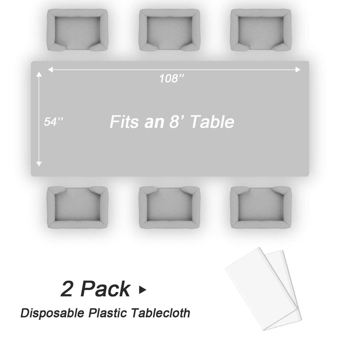 QIKSION White Plastic Table Cloth Disposable 2 Pack, 54 x 108 Inch Tablecloths for Party, Picnic, Birthday, Rectangle Table Cover