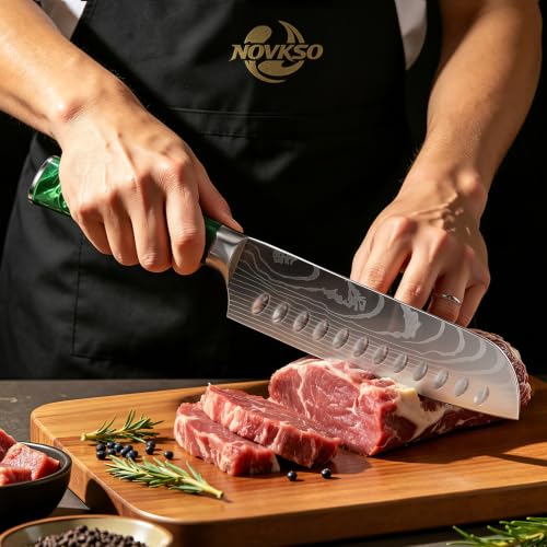 NOVKSO 7-Inch Green Santoku Knife with High-Carbon Steel & Resin Handle