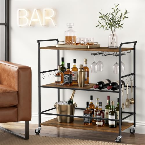 VASAGLE Rustic Brown & Matte Black Bar Cart with Wheels, Wine Rack & Glass Holder - 33.3 x 15.7 x 33.7 Inches