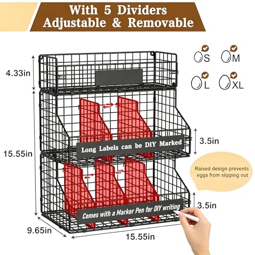 Black 3-Tier Egg Holder with 5 Adjustable Dividers & DIY Nameplate - Large Countertop Organizer