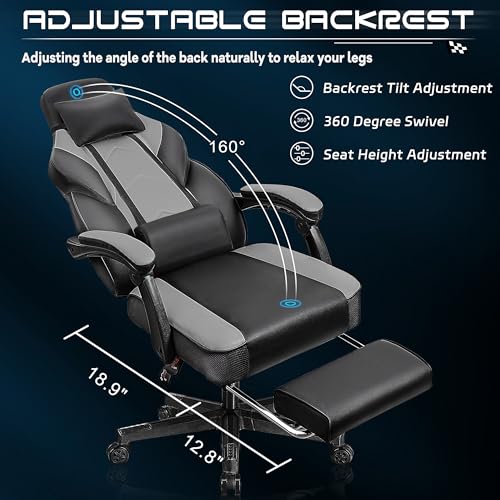 Big & Tall Gaming Chair with Footrest, Massage Lumbar Support, Adjustable Height - Grey / PU Leather