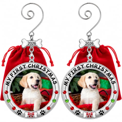 BANBERRY DESIGNS My First Christmas Dog Photo Ornament Set of 2 (2026) – Includes 2 Storage Bags, Non-Customized