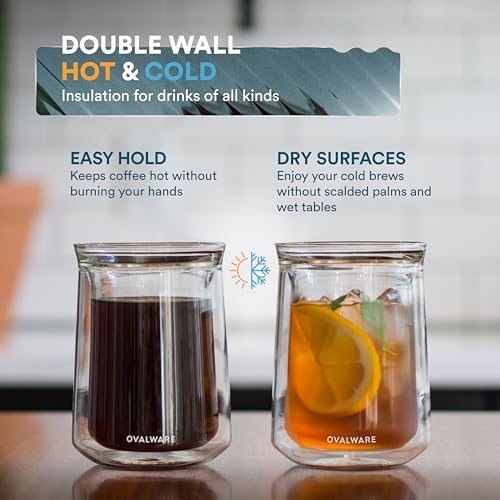 Ovalware 11.8oz Double Wall Insulated Borosilicate Glass Cup Set of 2 – Durable Coffee & Tea Mug