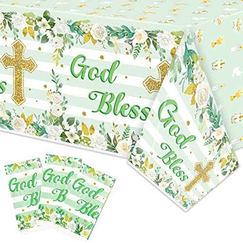 God Bless Baptism Tablecloth - 3-Pack Green Baptism Table Cover Christmas Winter Xmas New Year Party God Bless Cross Religious Waterproof Rectangle First Communion Baby Shower(54x108 Inch)