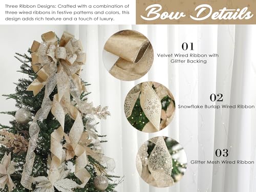 Champagne Gold Christmas Tree Topper Bow 13x45 in - HUIHUANG (Blue & White Variant) - Large Wire Ribbon 3-Design
