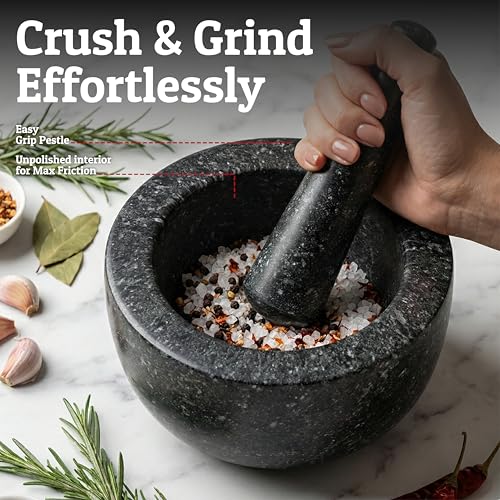 Priority Chef Black 4-Cup Granite Mortar and Pestle Set - Large 7 Inch Bowl