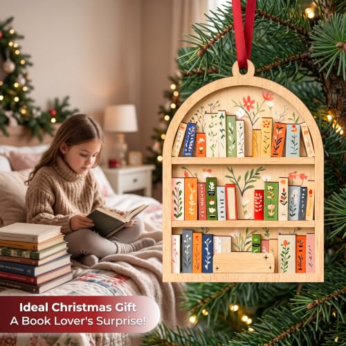 Customizable Bookshelf Christmas Ornament, 4 Inch Wooden Book Lover