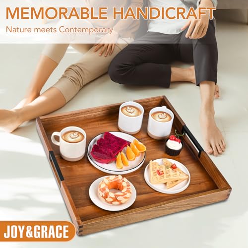 Large Ottoman Serving Tray Natural Wood 20x20 with Metal Handles for Living Room & Kitchen - Joy&Grace