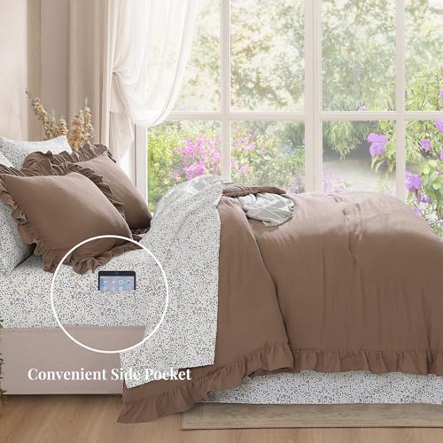 BLOOMHAVEN King Size Comforter Set Amber Brown - 7 Pieces Ruffle Floral Bedding