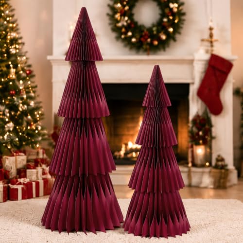 PAPER JAZZ Red Middle Large 2-Pack Honeycomb Christmas Trees – 37" & 27" Floor Decor (Variation: Red Middle)