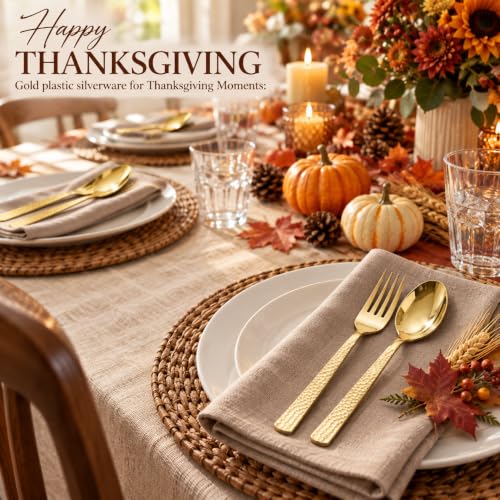 Gold Plastic Spoons and Forks Set - Disposable Silverware for Parties, 400 Pieces