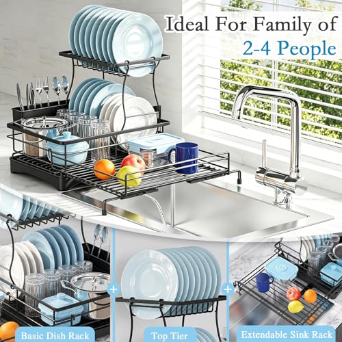 Black Double-Tier Extendable Dish Drying Rack with Drainboard & Utensil Holder