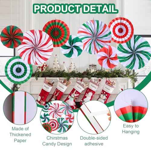 9 Pcs Christmas Candy Hanging Paper Fans Decoration Peppermint Hanging Fans Xmas Candy Cane Party Garland Decor for Merry Christmas Holiday Classroom Ceilings Wall Birthday Party Supplies