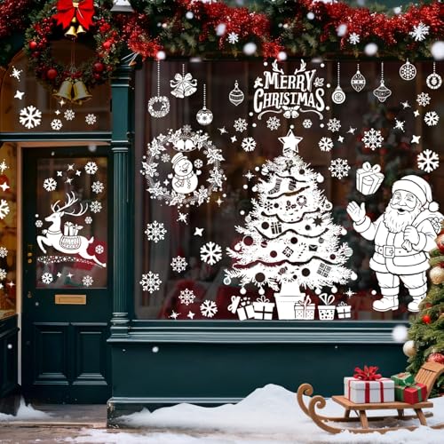 AhfuLife Large Christmas Window Clings Decorations, 35.4 x 11.8 in, 6 Sheets Double Side Xmas Snowflake Santa Reindeer Snowman Window Decals Stickers for Home Glass Party Indoor Decorations