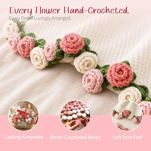 Mixed Pink & White Roses Crochet Flower Blanket - 43 Inch Throw with Bouquet Style Design