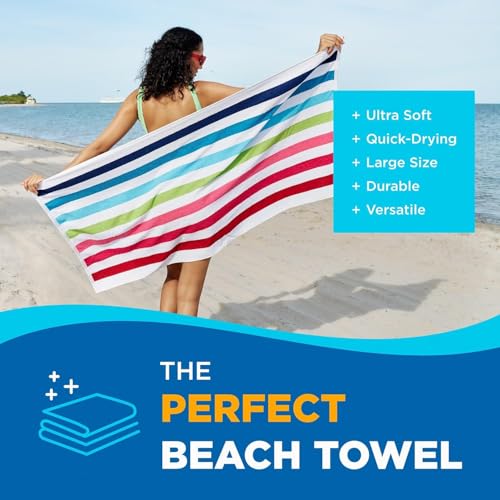Ben Kaufman 6 Pack Oversized Striped Cotton Beach Towels - Soft, Absorbent, Quick-Drying for Adults & Kids