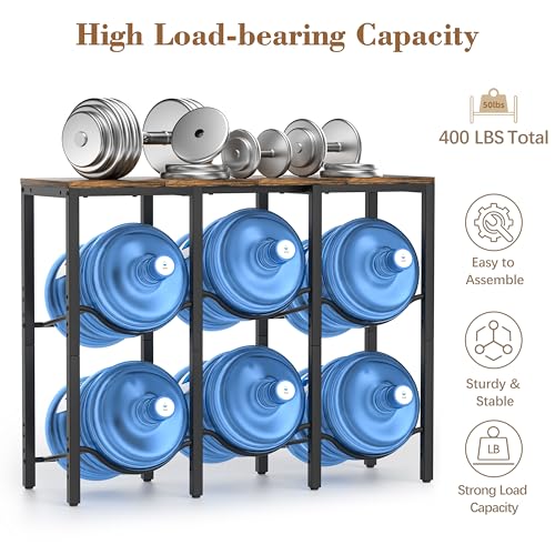 VINAEMO 5 Gallon Water Jug Holder with Large Top Shelf & 6 Slots - Heavy-Duty Water Bottle Storage Rack for Home & Office