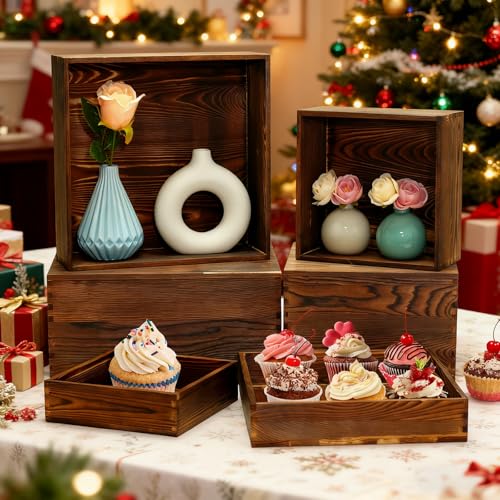 Brown 6 Pack Buffet Risers and Stands with Mini Signs - Rustic Food Display Set