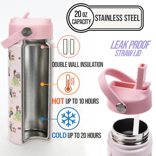 Disney Princess Pink AOP Character 16" Backpack & Lunch Box Set with Stainless Steel Water Bottle