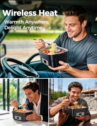 XL 1.5L Cordless Heated Lunch Box for Men - Black-Silver, 220°F
