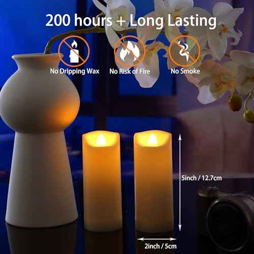 2-Pack Waterproof Outdoor Battery Operated Flameless Candles with Timer, Realistic Flickering Plastic Electric Slim LED Pillar Lights for Birthday Wedding Christmas Decor Gifts 2x5 Inches