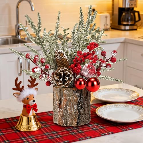Mljsh Small Christmas Table Centerpiece with Pinecones & Red Berries - Rustic Farmhouse Holiday Decor (1pc)