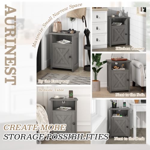 AURINEST Farmhouse End Table Set of 2 with Charging Station - Rustic Nightstands with Barn Door & Storage Shelf, Grey