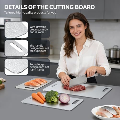 Titanium Cutting Boards Set of 3 - Double-Sided Non-Toxic Kitchen Chopping Boards with Handles - Silver, 16"x10", 13"x8", 10.5"x6.5"