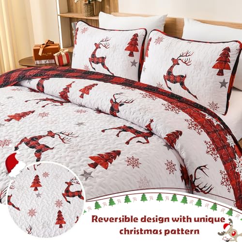Dinjoy Christmas Quilt Set King Size Red Deer Plaid 3-Piece