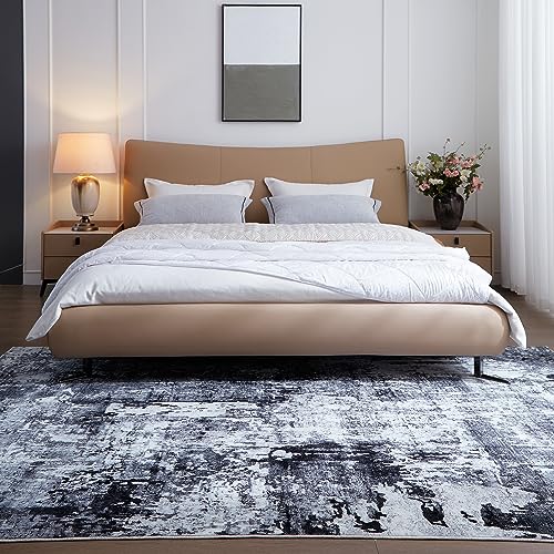 Washable Area Rug 5x7 - Abstract Pattern, Non-Slip, Soft Low Pile, Grey & Black - Kid & Pet Friendly