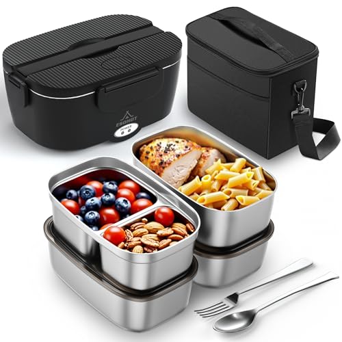 Electric Lunch Box 120W with 1.5L Stainless Steel Containers - Pure Black, Portable 12V/24V/110V