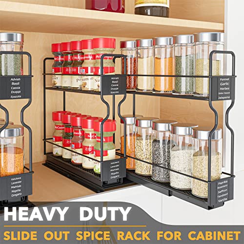 Pull Out Spice Rack Organizer for Cabinets - 2-Tier, Heavy Duty Slide Out with Labels, 5.2 W x 10.75 D x 10 H, Two 2-W Drawers