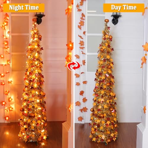 5 Ft Fall Decor Artificial Tree with Warm White String Lights and Pumpkin Topper
