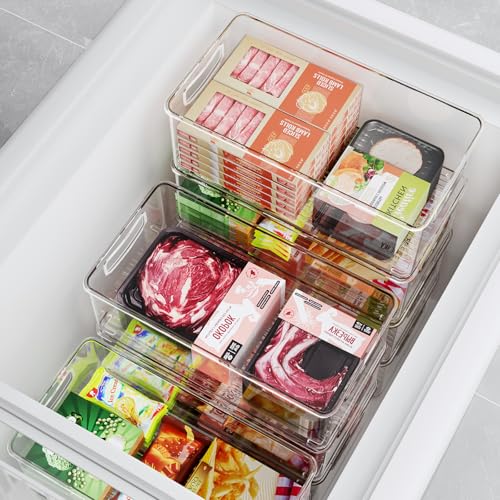 8 Pack Clear Freezer Organizer Bins with Handles - Stackable Food Storage Containers