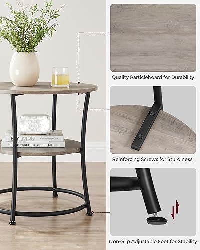 VASAGLE Heather Greige & Matte Black 2-Tier Round End Table - No Power Strip
