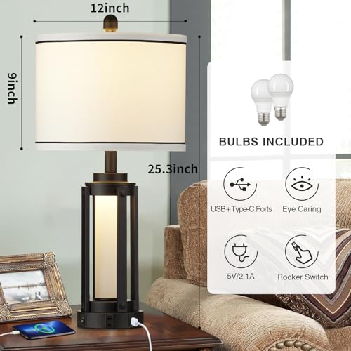 Black 25-Inch Modern Table Lamp Set with USB-C, AC Outlet & Night Light