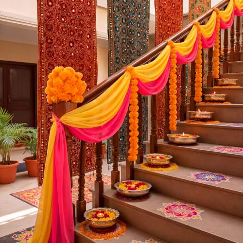 Warm Diwali Marigold Garland Decoration Set - Artificial Floral Pooja Backdrop