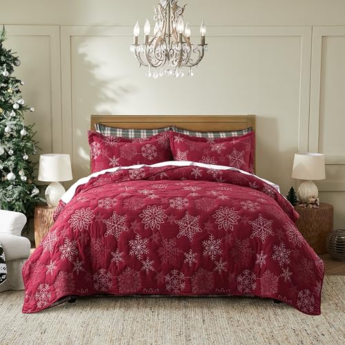 WDCOZY Snowflake California King Size Christmas Quilt Bedspread Set with 2 Pillow Shams