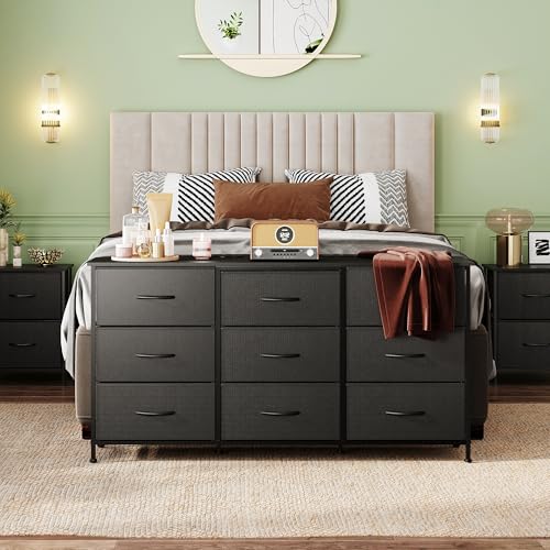 Black Large Size TV Dresser with 9 Fabric Drawers, 65 Inch Storage Console