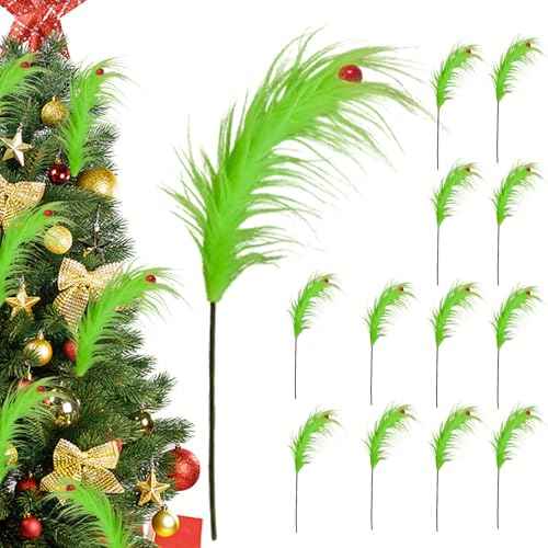 12 Pcs Christmas Tree Topper, 17 Inch Grinchmas Christmas Decorations Red Green Elf Tree Ornaments for Christmas Picks Furry Cute Funny Xmas Decor