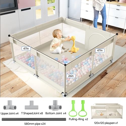 Baby Playpen 47x47 Inch Beige - Safety Mesh Play Yard with Storage & Suction Cups