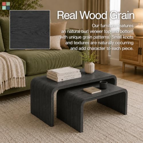 Stead Curved Nesting Coffee Table Set of 2, Modern Wood Tables for