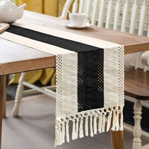 OTOSTAR Boho Table Runner 12x60 Black with Tassels Macrame Farmhouse Rustic