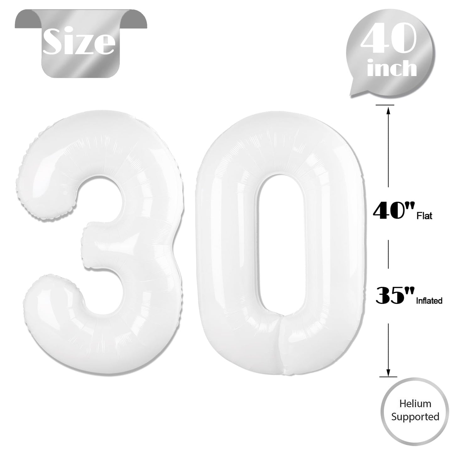 White Number 30 Balloon 40 inch, Translucent 30 Number Balloons, 30th White Birthday Decorations for Women Men, 30 Year Old Party Supplies