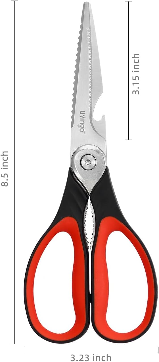 LIVINGO Heavy Duty Kitchen Scissors - Multi-Purpose Food Shears with Serrated Blades | Black & Red Handle