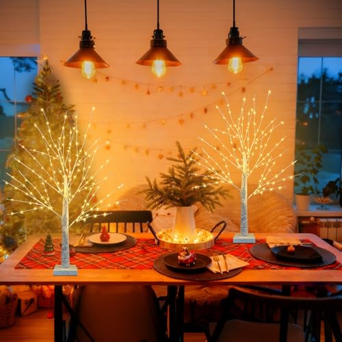 FastDeng 24 Inch Birch Tree with 144 LED Lights - Twinkling Indoor Christmas Decor - 2 Pack, USB/Battery Powered, Timer, Warm White