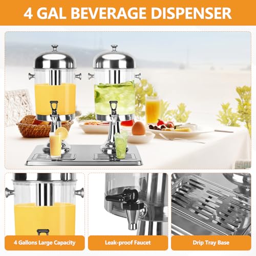 Carivia 4.2 Gallon Stainless Steel Dual-Head Drink Dispenser with Stand, Hot & Cold Beverage Dispenser for Parties & Buffets