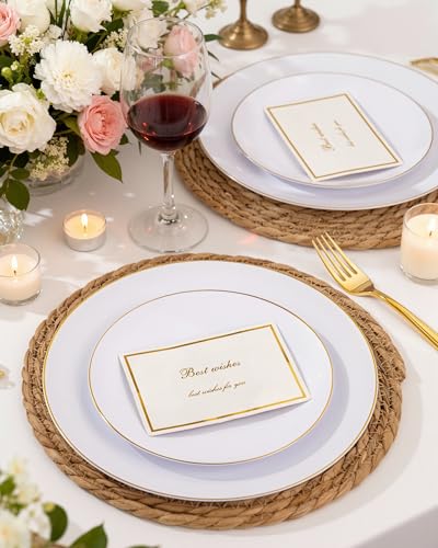 10.25-Inch White and Gold Disposable Plastic Plates - Pack of 100