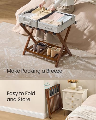SONGMICS Solid Wood Luggage Rack 2 Pack with Storage Shelf, No Assembly, Coffee Brown
