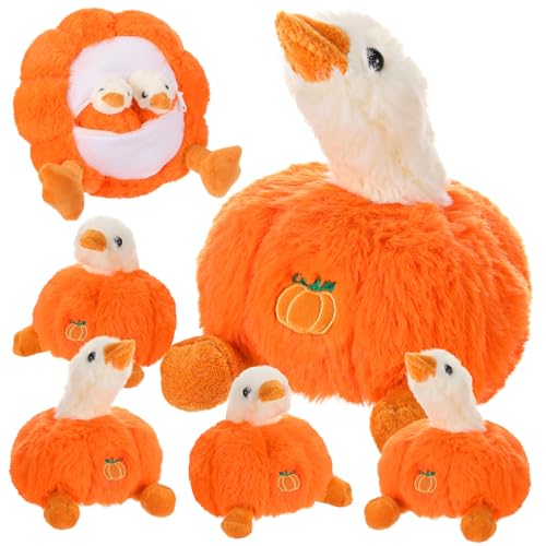 Halloween Pumpkin Goose Gift Stuffed Animals, 5 in 1 Cute Mommy Stuffed Goose Plush with 4 Small Geese, Geese Plushies Pillow for Birthday Gifts Thanksgiving Party Favor Decor(Orange)
